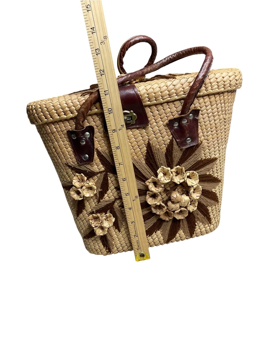 Vintage Woven Straw Basket Purse Floral Raffia Picnic Cottagecore Bag - Picture 6 of 7